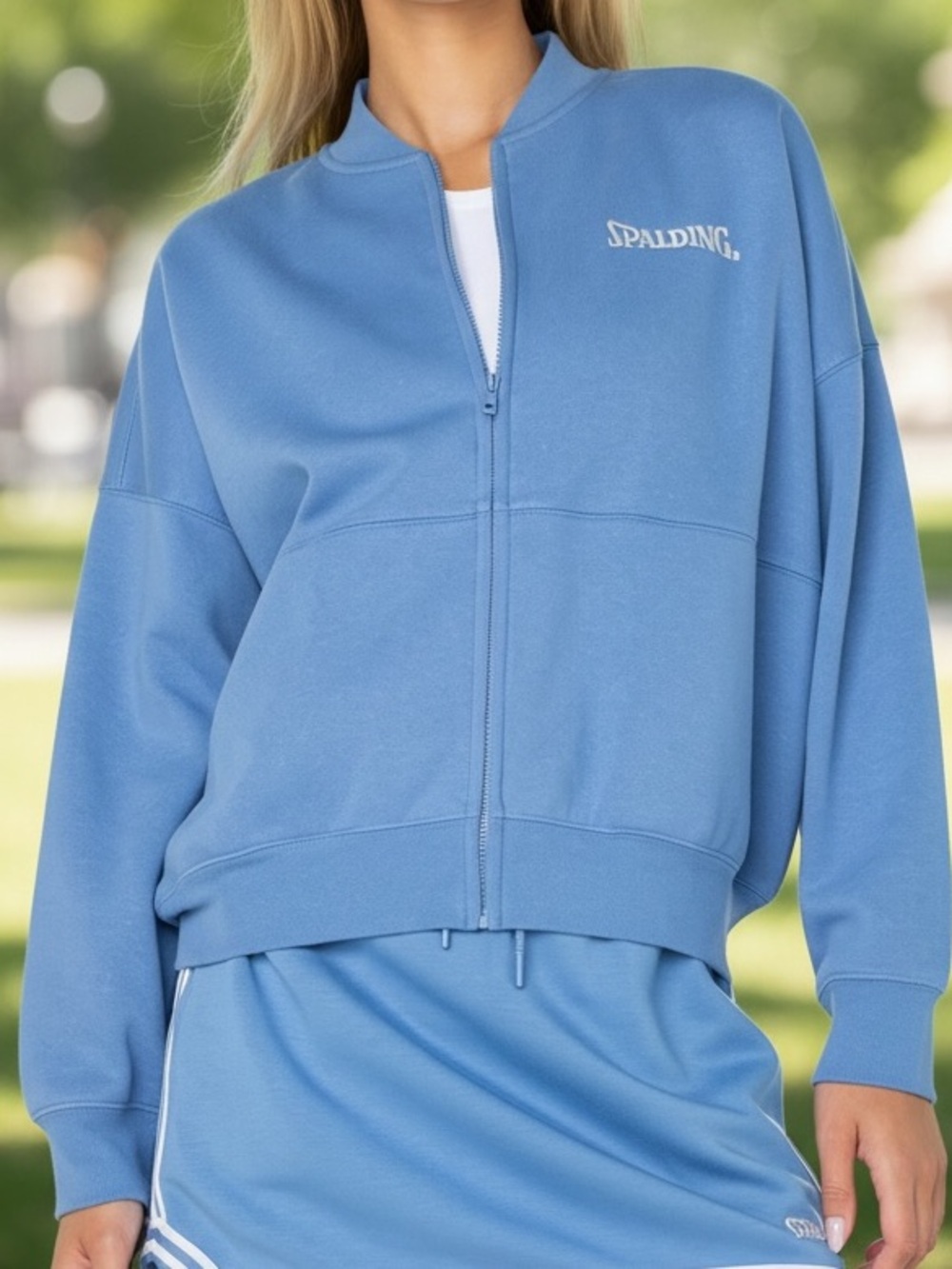 Spalding Blue Fleece Bomber Jacket XL NWT Oversized Zip Cozy Athleisure
